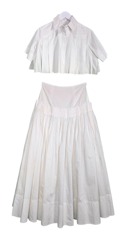 Aje Savoy Pleated Cotton Midi Skirt and Cropped Shirt