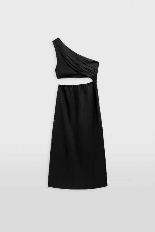 Venroy Draped One Shoulder Cut Out Midi Dress